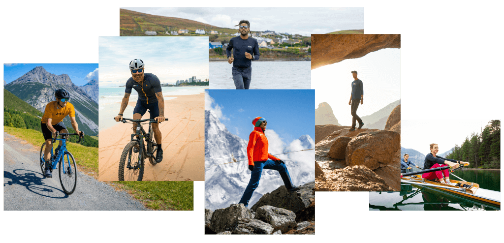 iFIT 锻炼类型的图片,包括在山路上骑自行车、在海滩上跑步、在山上徒步旅行、穿过洞穴和在湖上划船